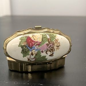 Vintage Victorian Style Gold Tone Porcelain Jewelry Trinket Pill Box